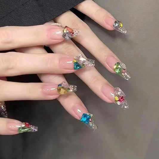 Crystal Garden Extravaganza Long Coffin Multicolor Press On Nail Set with Unique Gemstone Accents