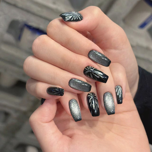 Celestial Night Black and Silver Long Coffin Press On Nail Set with Sparkling Starburst Designs