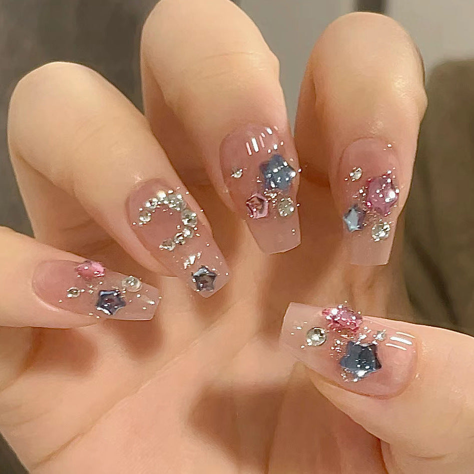 Glamorous Elegance Long Coffin Pink and Blue Gemstone Press On Nail Set