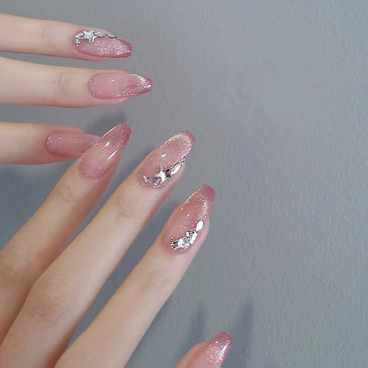 Celestial Dream Pink Coffin Press On Nail Set long glittery with silver stars