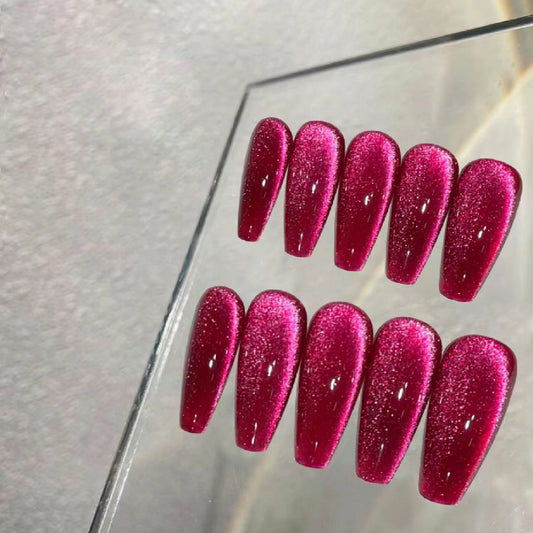 Glamorous Sparkle Long Coffin Berry Red Press On Nail Set with Glitter Shine Effect