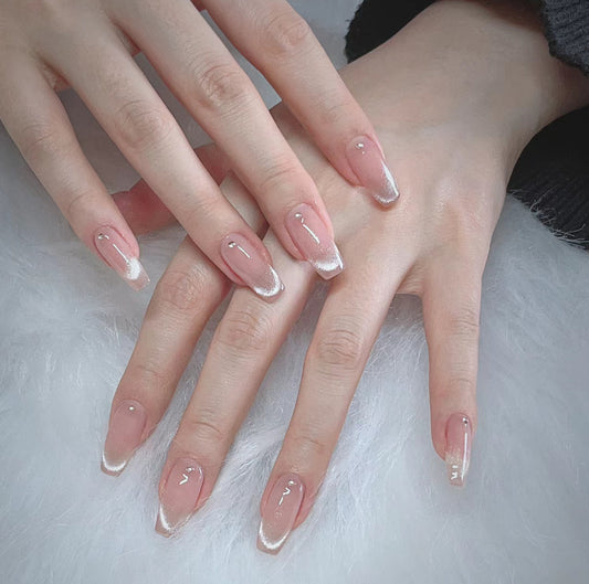 Elegant Dream French Tip Press On Nail Set Long Coffin Clear with Shimmering Pearls