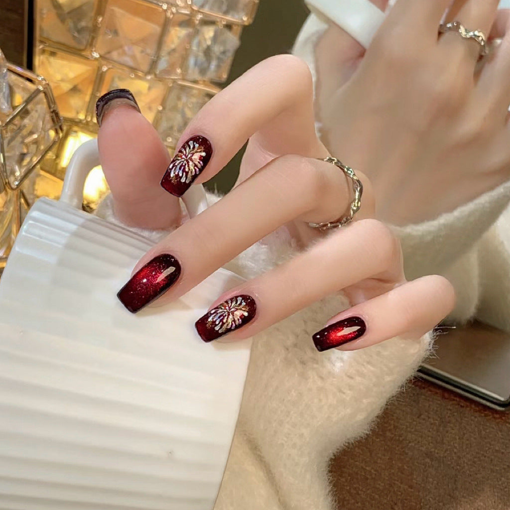 Glamorous Midnight Sparkle Long Coffin Burgundy Press On Nail Set with Stunning Metallic Design