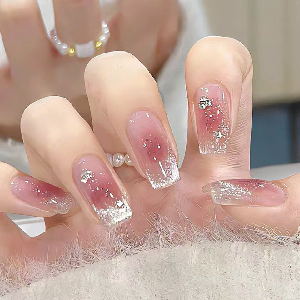 Glistening Romance Long Coffin Pink and Clear Gradient Press On Nail Set with Shimmering Glitter Accents