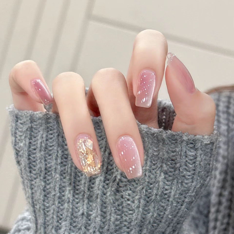 Dreamy Sunset Long Coffin Pink Glitter Press On Nail Set with Unique Foil Accent