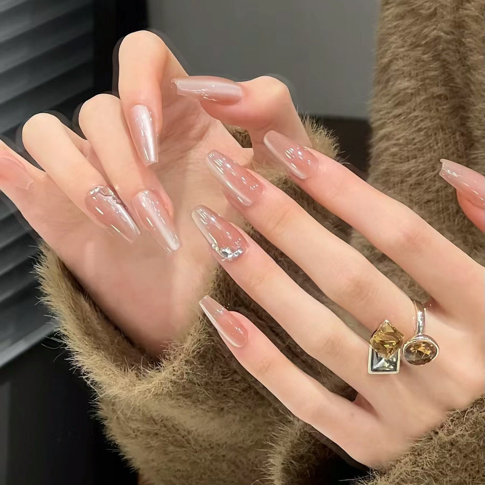 Glamorous Elegance Long Coffin Shape Transparent Beige Press On Nail Set with Unique Glitter Accent