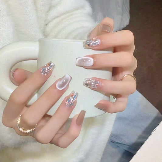 Elegant Winter Wonderland Long Square Glittering Frosted White Nail Set with Colorful Accents