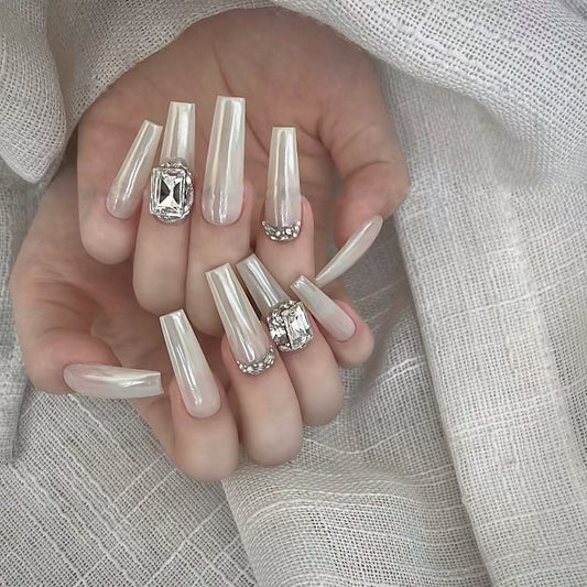 Enchanting Elegance Long Coffin Press On Nails in Iridescent White with Crystal Accents