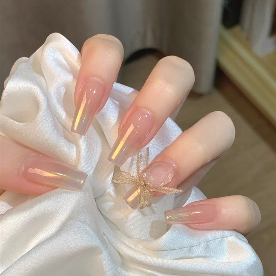 Glistening Dreams Long Coffin Natural Pink Press On Nail Set with Iridescent Shine