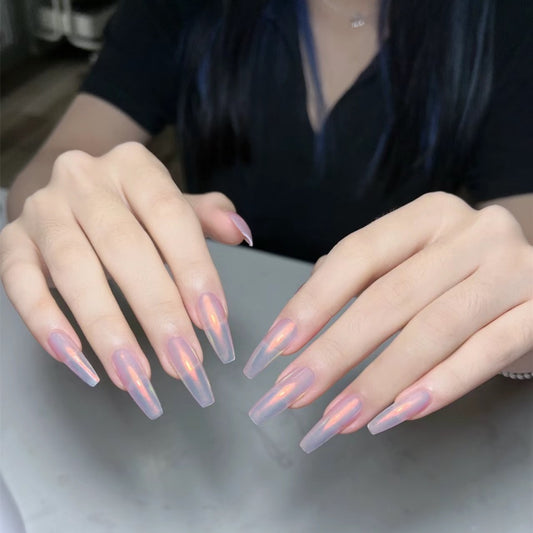 Dreamy Sunset Long Coffin Clear Press On Nail Set with Iridescent Shine