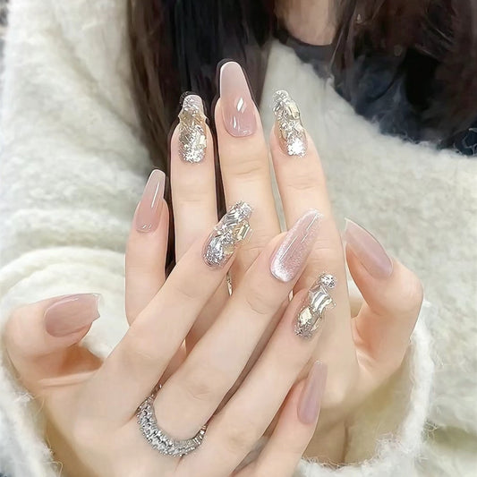 Glamorous Crystal Garden Long Almond Shaped Beige Glitter Press On Nail Set with Stunning Rhinestone Accents