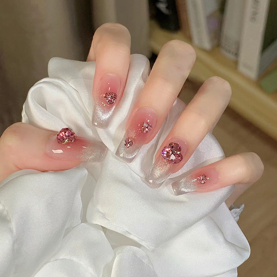 Glamorous Floral Fantasy Long Square Ombre Pink Press On Nail Set with Sparkling Rhinestone Accents