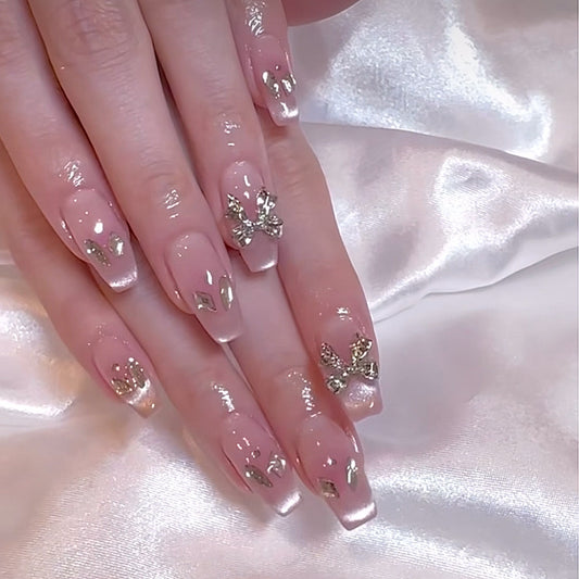 Glamorous Butterfly Dreams Long Coffin Pink Press On Nail Set with Rhinestone Accents