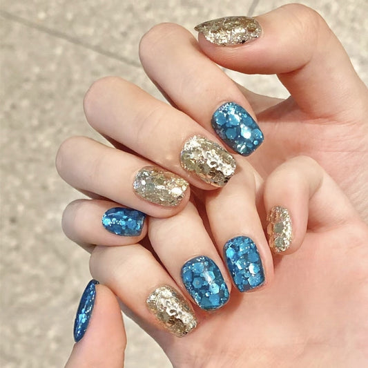 Sparkling Ocean Vibes Short Square Blue and Gold Glitter Press On Nail Set with Chunky Confetti Accents