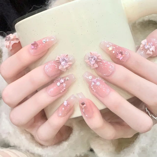 Charming Floral Elegance Long Coffin Pink Press On Nail Set with Glitter and 3D Flower Accents