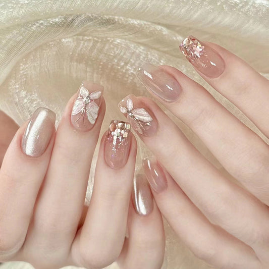 Whimsical Blossom Medium Square Beige Pink Press On Nail Set with Floral Accents and Glitter Details