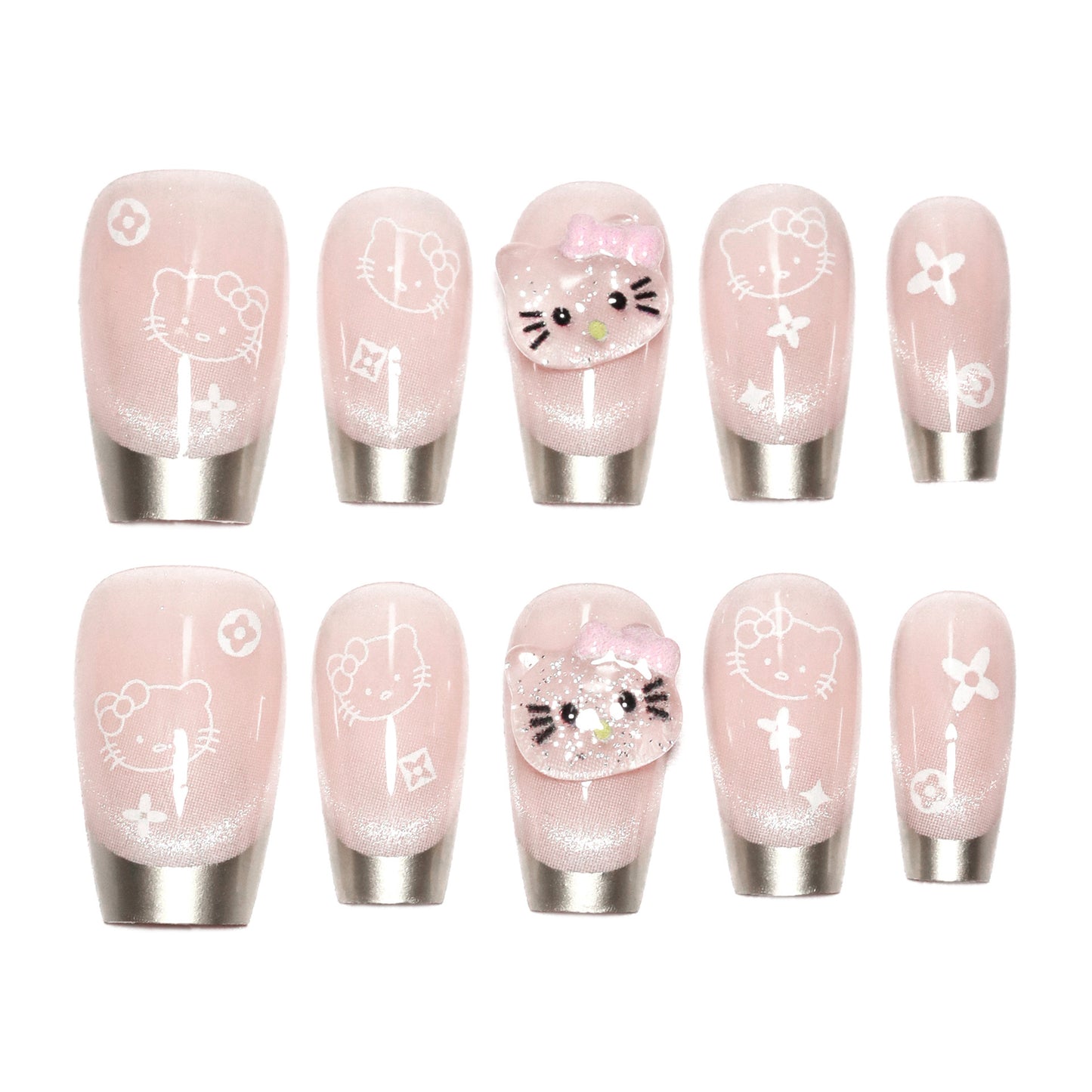 Adorable Kitty Dreams Medium Square Press on Nail Set in Pink with Sparkling Character Design