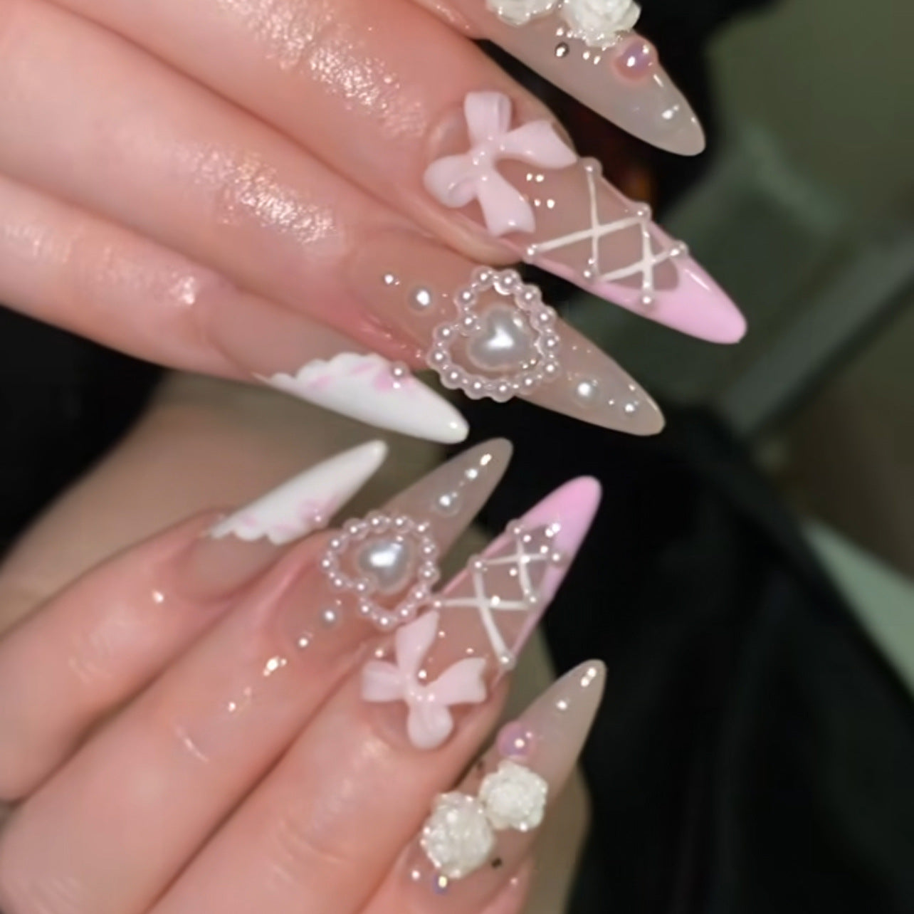 Dreamy Romance Press On Nail Set Long Almond Transparent with Soft Pink and Charming Floral Embellishments