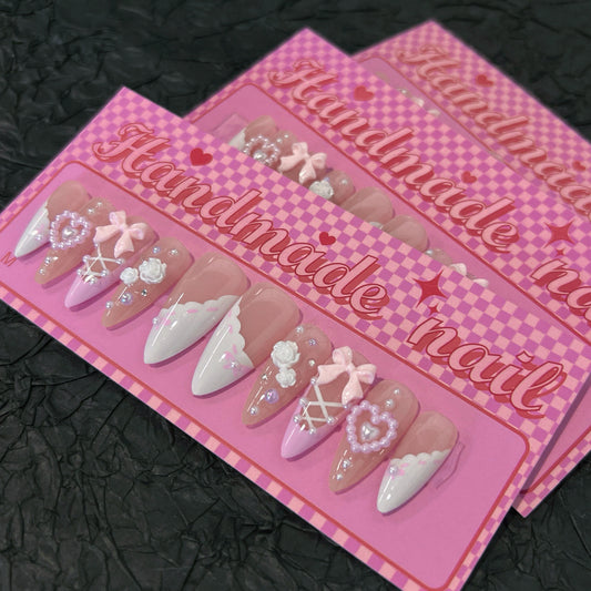 Whimsical Romance Long Almond Pink and White Press On Nail Set with Floral and Bow Accents