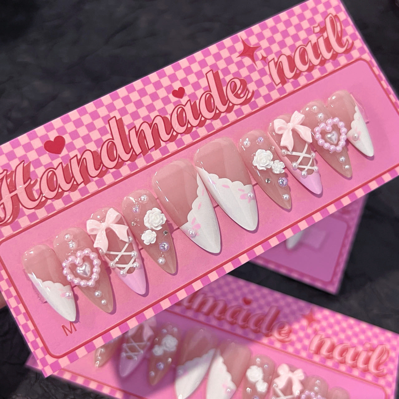 Charming Romance Pink Medium Almond Shape Pastel Pink with Whimsical Floral and Bow Accents Press On Nail Set