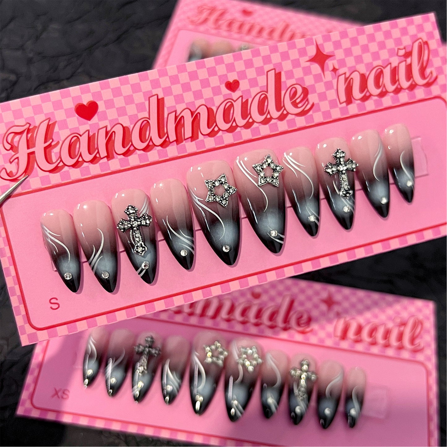 Glamorous Nightfall Inspired Long Stiletto Ombre Pink and Black Press On Nail Set with Rhinestone Cross and Star Accents