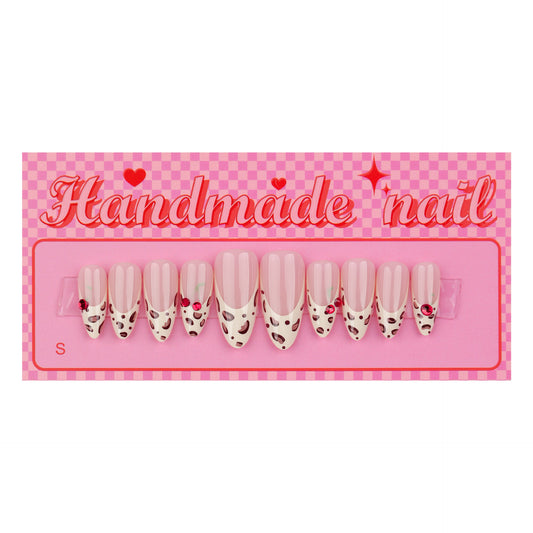 Charming Delightful Press On Nails Medium Almond Pink with Cute Leopard Print and Adorable Gems