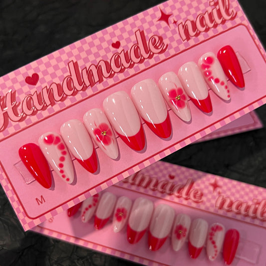 Charming Romance Medium Almond Pink and Red Nail Set with Floral Accents