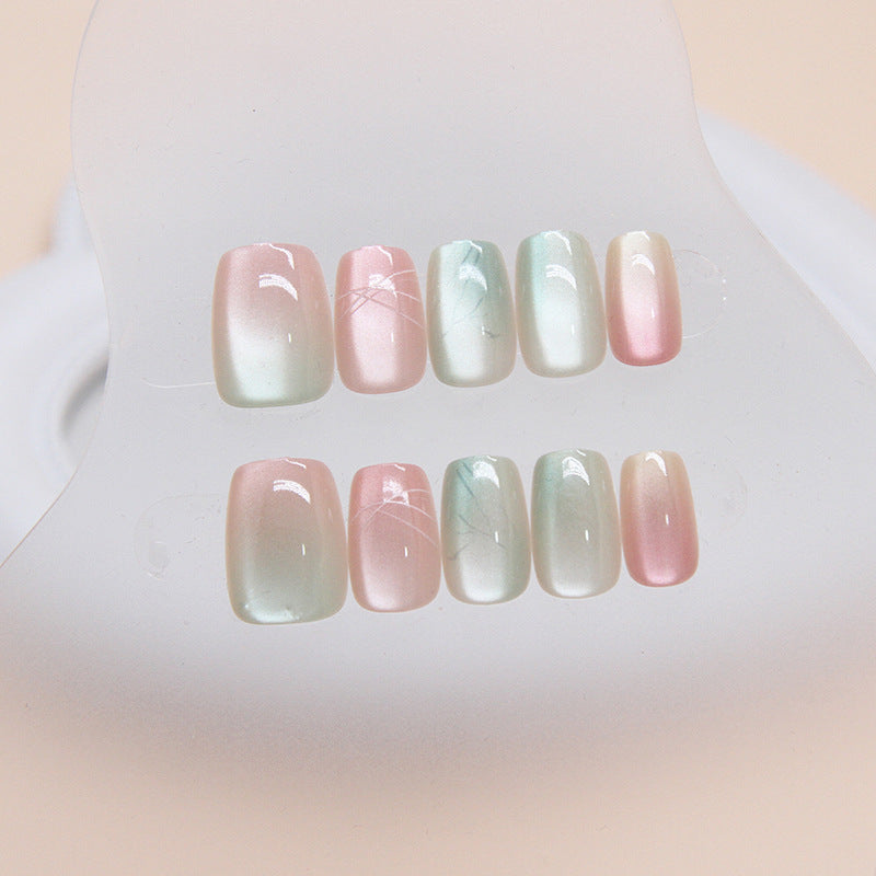 Enchanted Blossom Long Square Pastel Pink and Green Ombré Press On Nail Set with Delicate Floral Accents