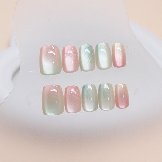 Enchanted Blossom Long Square Pastel Pink and Green Ombré Press On Nail Set with Delicate Floral Accents