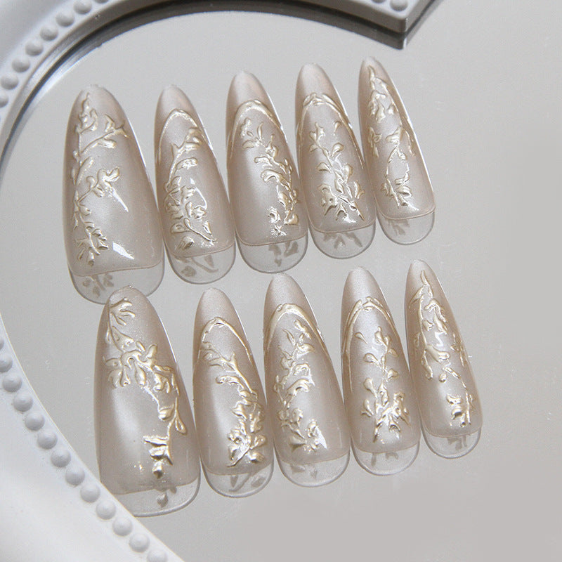 Elegant Floral Fantasy Almond Shaped Beige Press On Long Nail Set with Gold Leaf Design