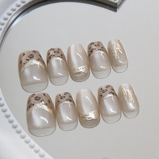 Wild Safari Chic Press On Nail Set Medium Square Beige with Gold Accent and Animal Print Design