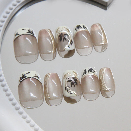 Boho Chic Medium Square Press On Nail Set Beige with Elegant Floral Art Design