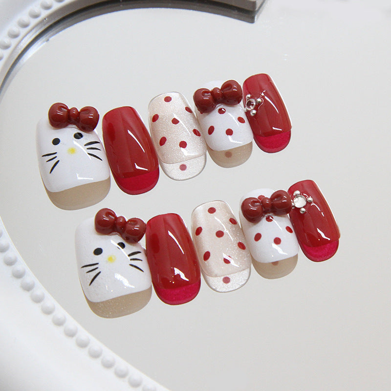 Hello Kitty Inspired Red and White Square Press On Medium Nail Set with Bow and Polka Dot Design