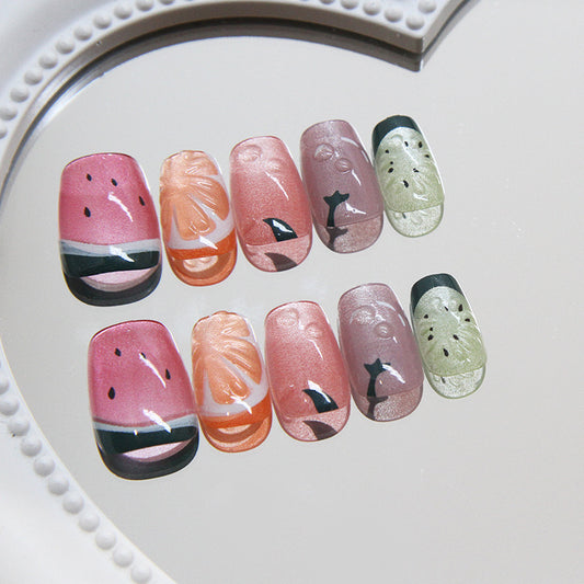 Summer Fruit Oasis Medium Square Press On Nail Set in Pink Green and Orange with Unique Watermelon and Lemon Slice Designs