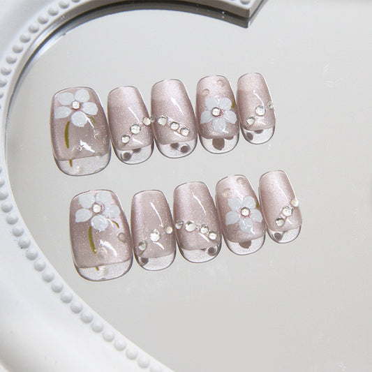 Floral Elegance Long Square Blush Pink Press On Nail Set with Gem Accents and Floral Design