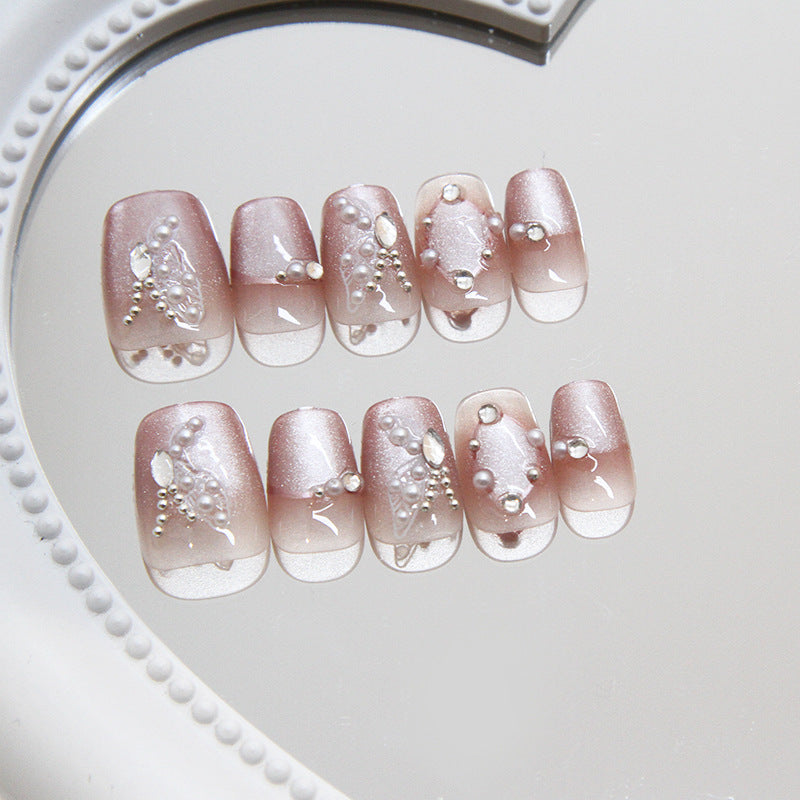 Chic Elegance Medium Square Ombre Pink Press On Nail Set with Pearl and Gemstone Accents