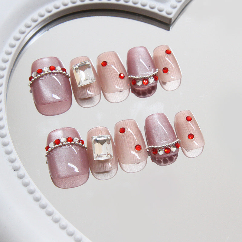 Glamorous Romance Medium Coffin Blush Pink Press On Nail Set with Sparkling Gem Accents