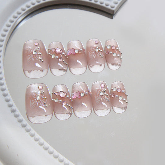 Elegant Garden Blush Long Square Press On Nail Set with Floral Charm and Pearlescent Accents