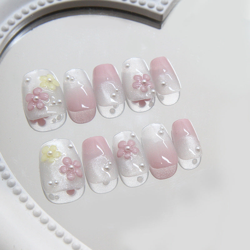 Blossom Dreams Long Square Pink and White Press On Nail Set with Floral Embellishments and Pearls