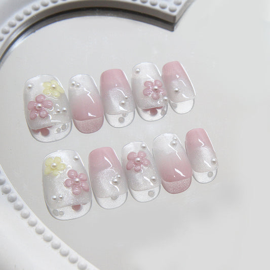 Blossom Dreams Long Square Pink and White Press On Nail Set with Floral Embellishments and Pearls