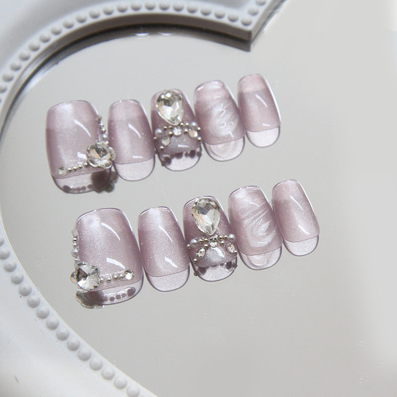 Glamourous Fairy Tale Long Square Pink Press On Nail Set with Sparkling Gem Accents