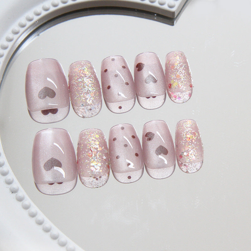 Romantic Dream Press On Nail Set Long Square Pink with Heart and Glitter Accents