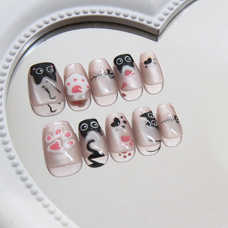 Pawtastic Fun Long Square Pink and Black Cat Themed Press On Nail Set