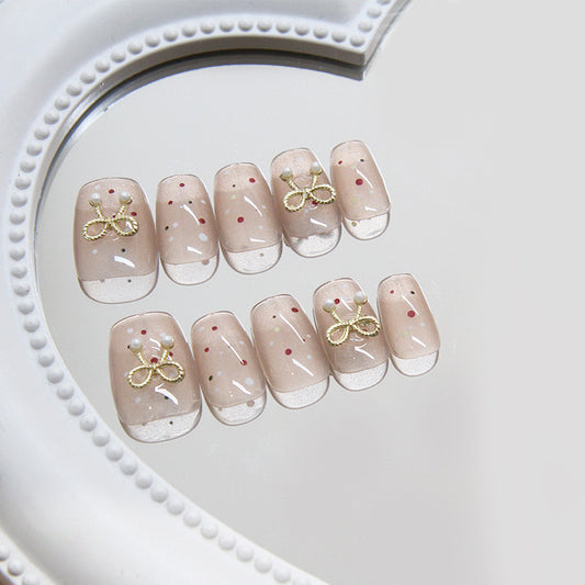 Charming Floral Delight Long Square Beige Press On Nail Set with Gold Bow Accents and Colorful Dots