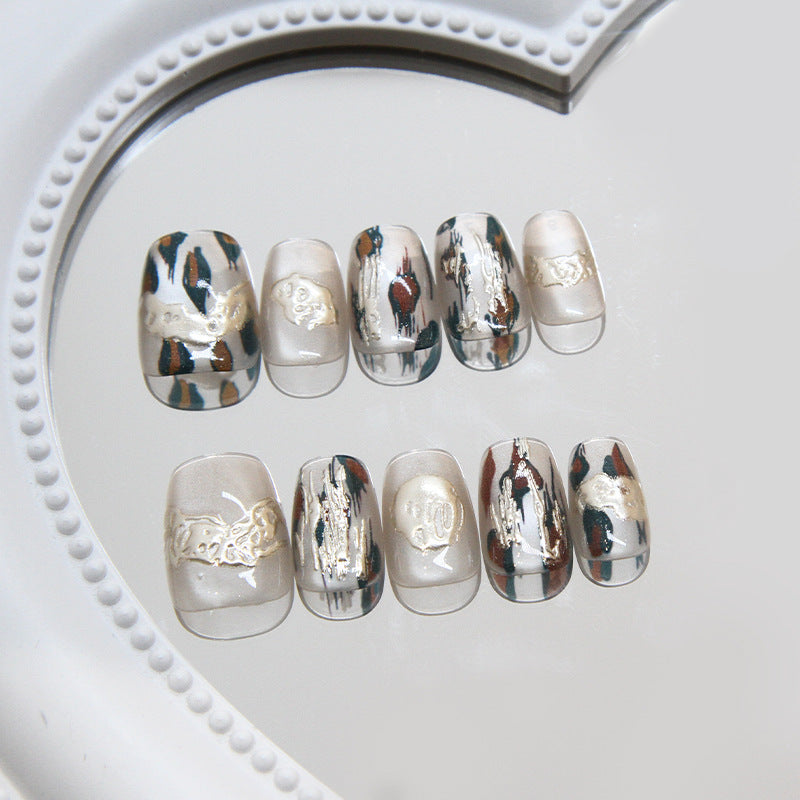 Artistic Safari Press On Nail Set Long Square Clear Brown and Gold Pattern with Unique Metallic Accents