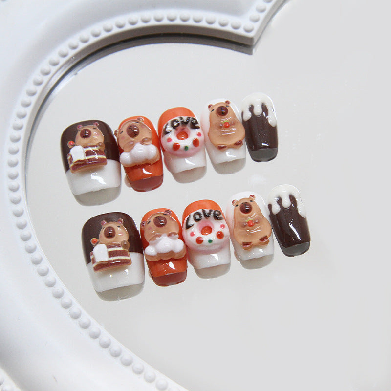 Festive Bear Themed Short Square Orange White and Brown Press On Nail Set with Cute 3D Character Designs