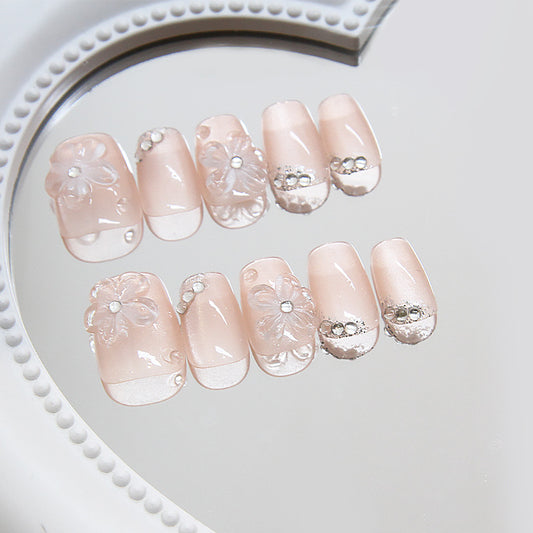 Floral Elegance Long Square Blush Pink Press On Nail Set with 3D Flower Designs and Rhinestone Accents