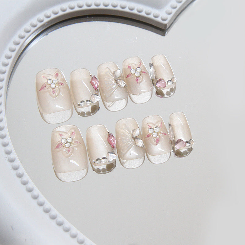 Floral Elegance Long Square Beige Press On Nail Set with Rhinestone and Bow Detail