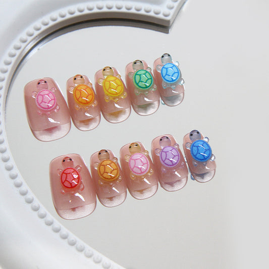 Turtle Paradise Long Square Pink Colorful Press On Nail Set with Cute Shell Designs