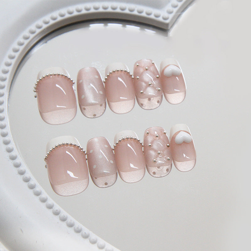 Romantic Elegance Long Square Pink Press On Nail Set with Shimmering Pearls and Whimsical Designs